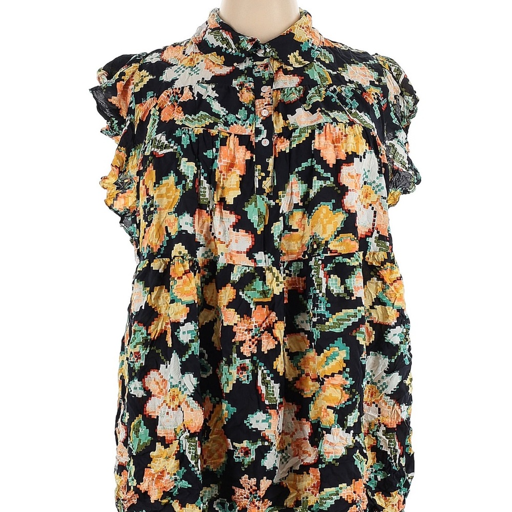 Anthropologie 2X Vibrant Floral Ruffle Sleeve Top